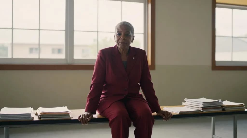 A Black woman in her fifties with grey-flecked hair cut short is sitting alone in the chamber after the meeting with the room empty around her, papers stacke…
