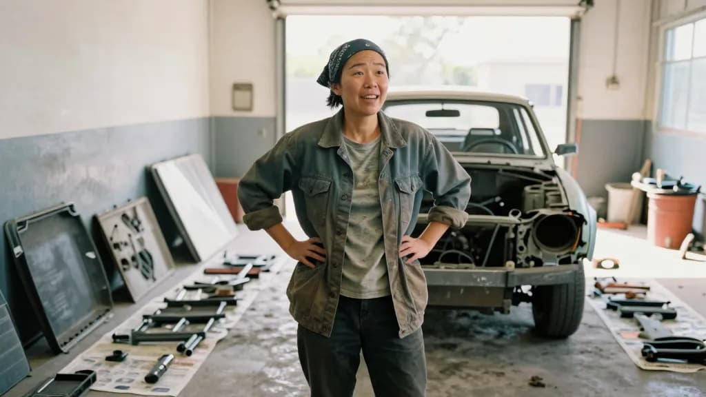An East Asian woman in her mid thirties with hair scraped back under a bandana is standing in the middle of a garage workshop with a dismantled vintage car i…