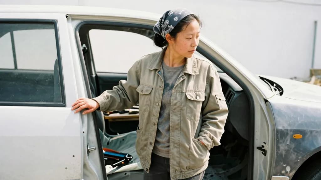 An East Asian woman in her mid thirties with hair scraped back under a bandana is walking slowly around the shell of the car with one hand trailing along its…