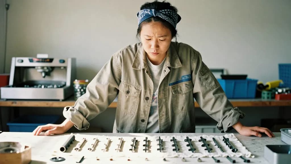 An East Asian woman in her mid thirties with hair scraped back under a bandana is at a workbench with a row of cleaned components laid out on a cloth in fron…