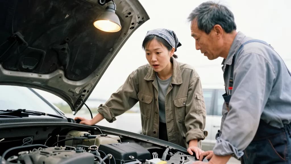An East Asian woman in her mid thirties with hair scraped back under a bandana is standing beside an older man in overalls at the open bonnet of the car, bot…