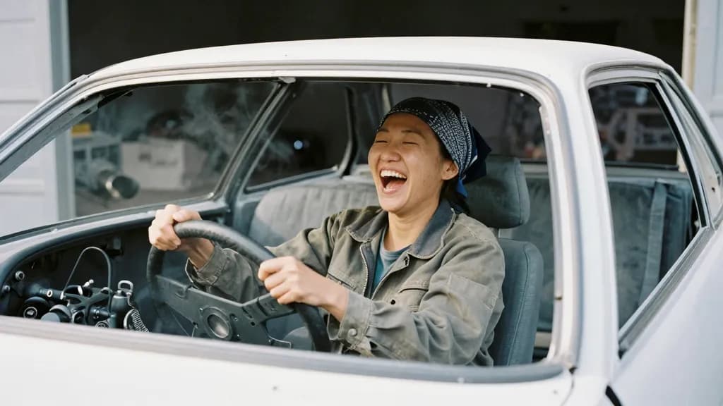 An East Asian woman in her mid thirties with hair scraped back under a bandana is sitting in the driver's seat of the finished car in the open workshop doorw…