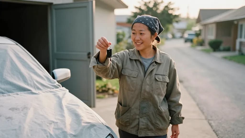 An East Asian woman in her mid thirties with hair scraped back under a bandana is standing on a driveway beside the finished car handing a set of keys to its…
