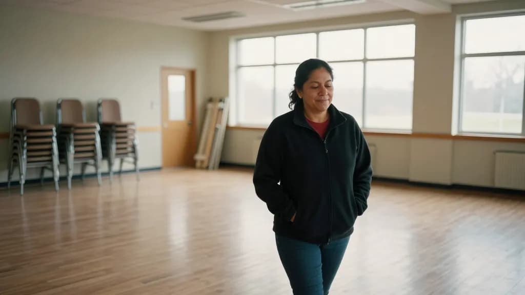 A Latina woman in her forties with dark hair in a practical ponytail is standing alone in the middle of a completely empty community hall early in the mornin…