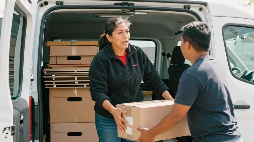 A Latina woman in her forties with dark hair in a practical ponytail is at the open back doors of a van in a car park, crates and folded trestles stacked ins…