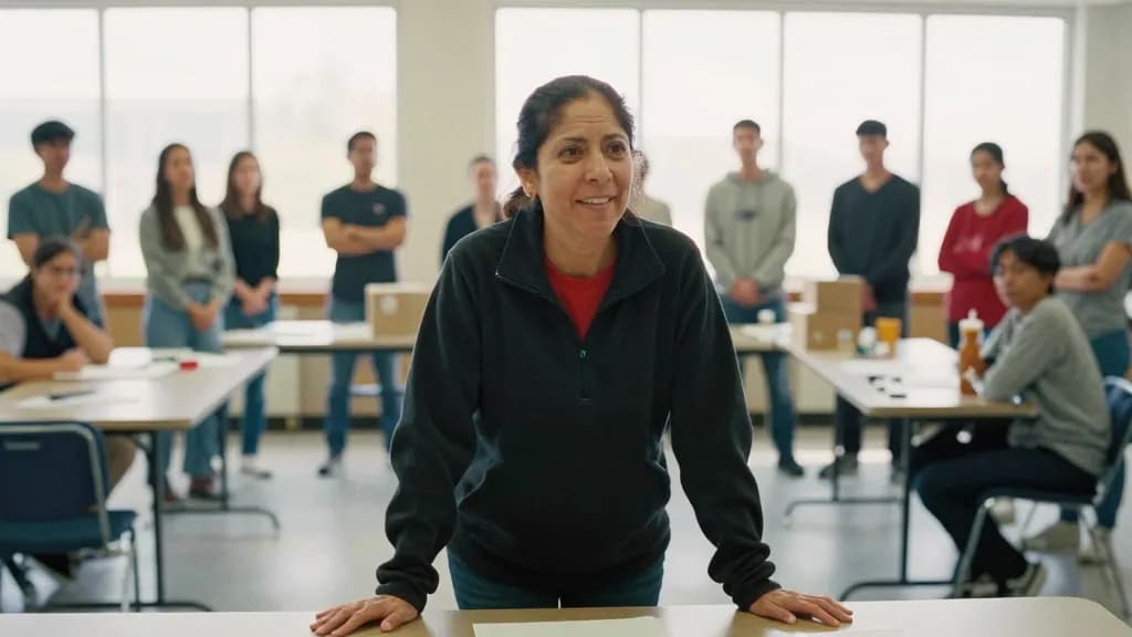 A Latina woman in her forties with dark hair in a practical ponytail is standing in front of a semicircle of twelve volunteers in the half-set-up hall, half…