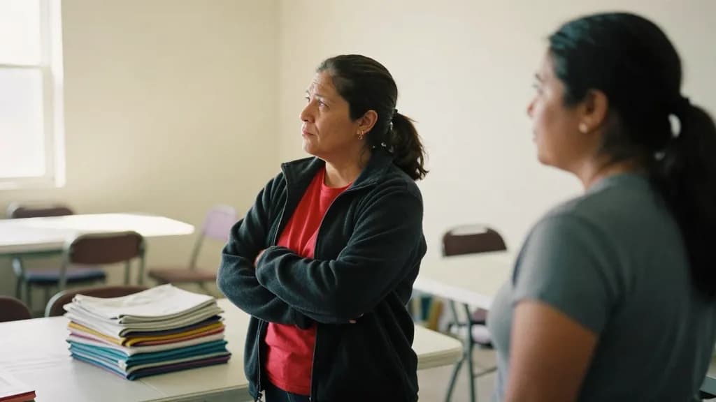 A Latina woman in her forties with dark hair in a practical ponytail is standing to one side of the busy hall with a colleague, both of them looking out over…