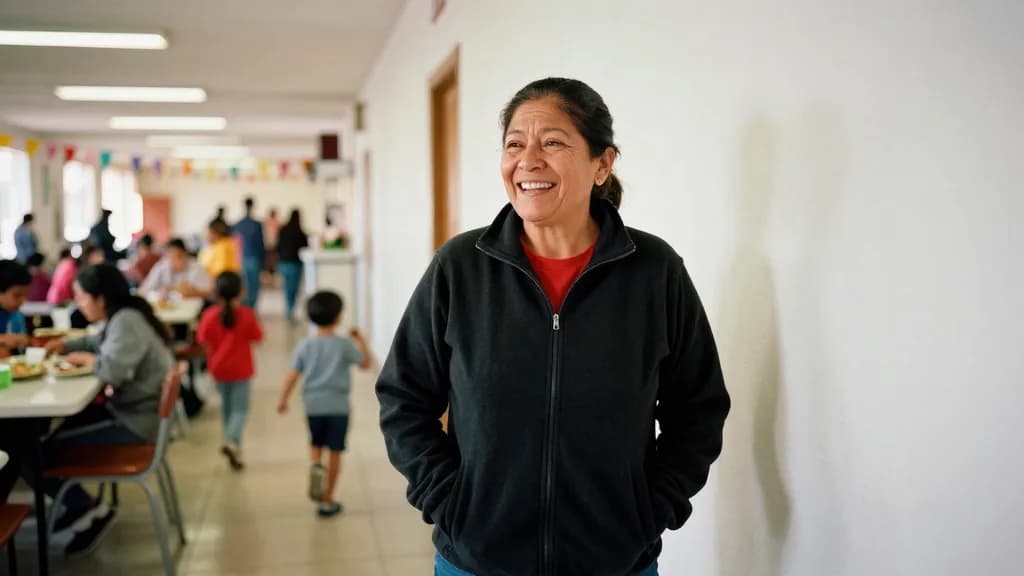 A Latina woman in her forties with dark hair in a practical ponytail is standing at the edge of the hall in full swing, every table occupied and a queue at t…