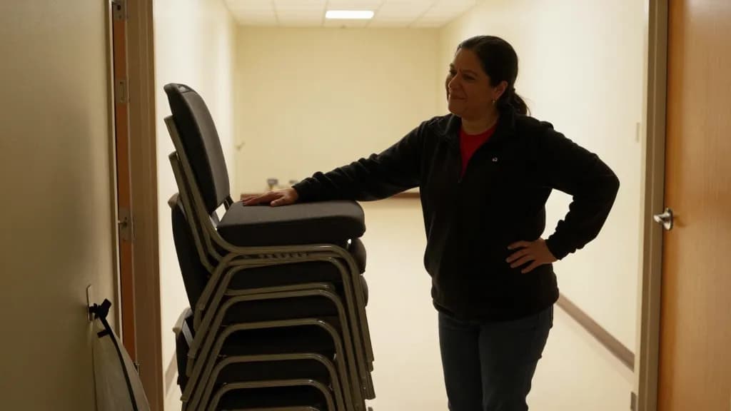 A Latina woman in her forties with dark hair in a practical ponytail is stacking the last chairs at the end of the night in the nearly empty hall, the floor…