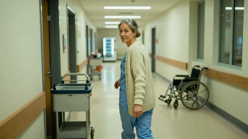 A white woman in her early fifties with greying hair tied back in a low knot is walking a long empty hospital corridor on a night shift, a cleaning cart park…