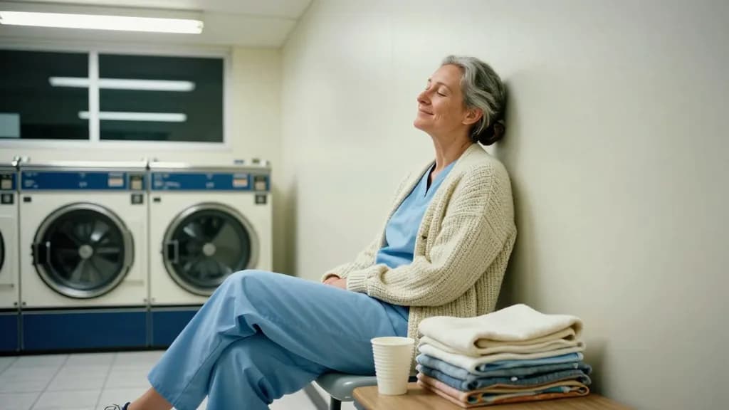 A white woman in her early fifties with greying hair tied back in a low knot is sitting on a plastic chair in an all-night laundromat at four in the morning,…