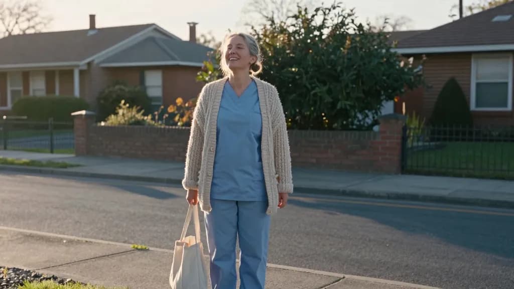 A white woman in her early fifties with greying hair tied back in a low knot is standing at a bus stop on a suburban street just after sunrise, the cardigan…