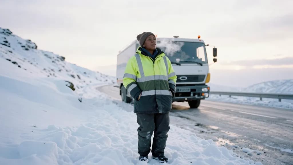 A Black woman in her forties with short hair under a wool hat is standing beside a gritting lorry on a mountain road at first light in deep winter, banked sn…