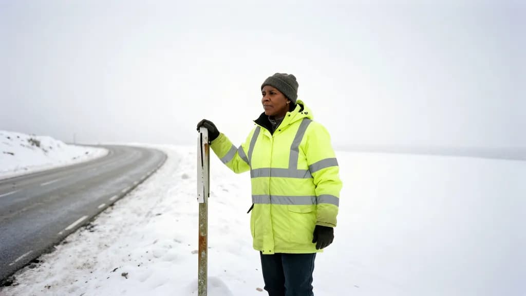 A Black woman in her forties with short hair under a wool hat is standing at a bend where the road disappears into cloud, a weathered marker post beside her…