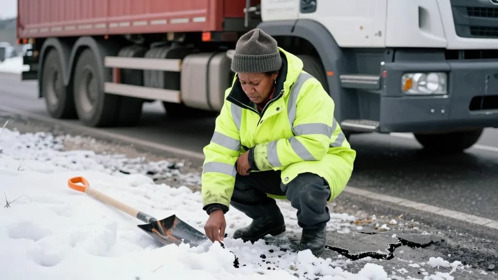 A Black woman in her forties with short hair under a wool hat is crouched at the roadside examining a cracked section of tarmac under the snow line, a shovel…