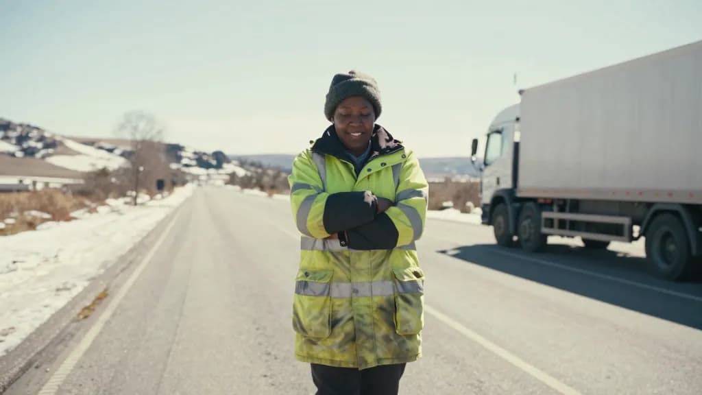 A Black woman in her forties with short hair under a wool hat is standing on the same road in early spring with the snow gone and the surface clear, the lorr…