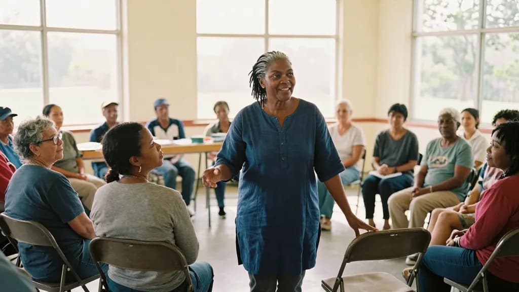 A Black woman in her forties with silver-threaded locs tied back is standing at the front of a small community hall teaching a group of a dozen adults seated…
