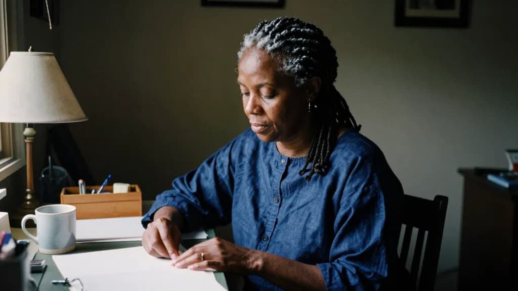 A Black woman in her forties with silver-threaded locs tied back is sitting at a desk in a small home study very early in the morning, a lamp on and the rest…