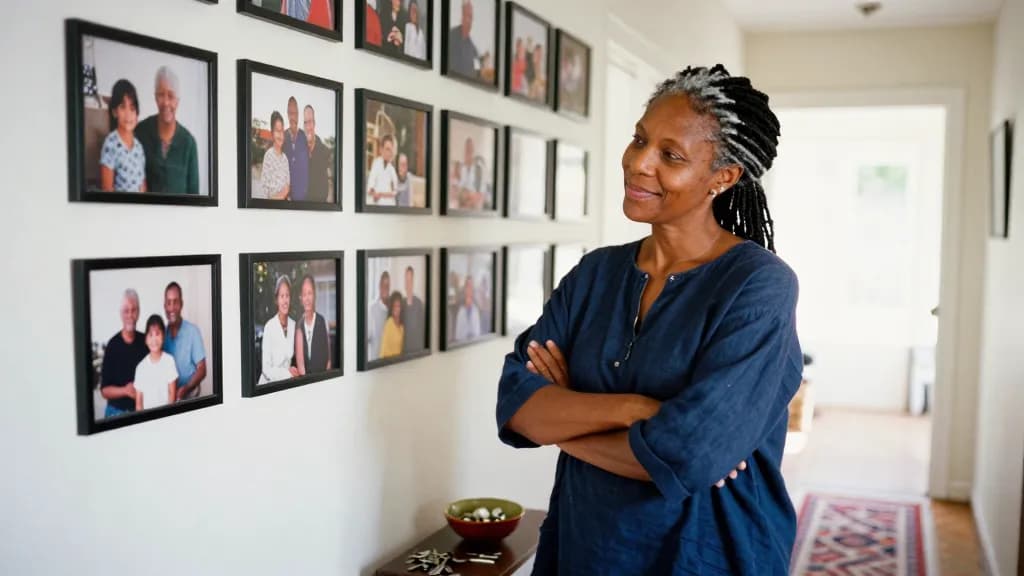 A Black woman in her forties with silver-threaded locs tied back is standing in a hallway in front of a wall of framed family photographs spanning forty year…