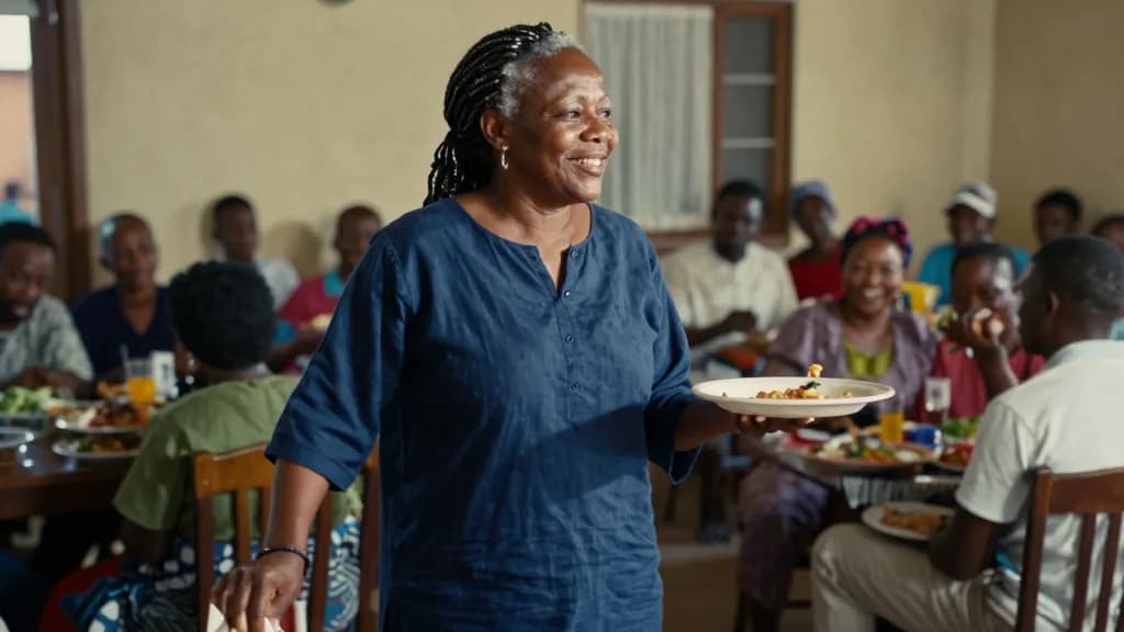 A Black woman in her forties with silver-threaded locs tied back is at a crowded front room gathering where two families have met, people seated on every ava…