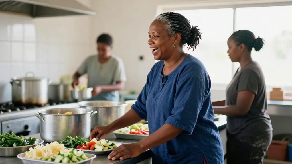 A Black woman in her forties with silver-threaded locs tied back is working in a community kitchen preparing food in quantity alongside two other volunteers,…