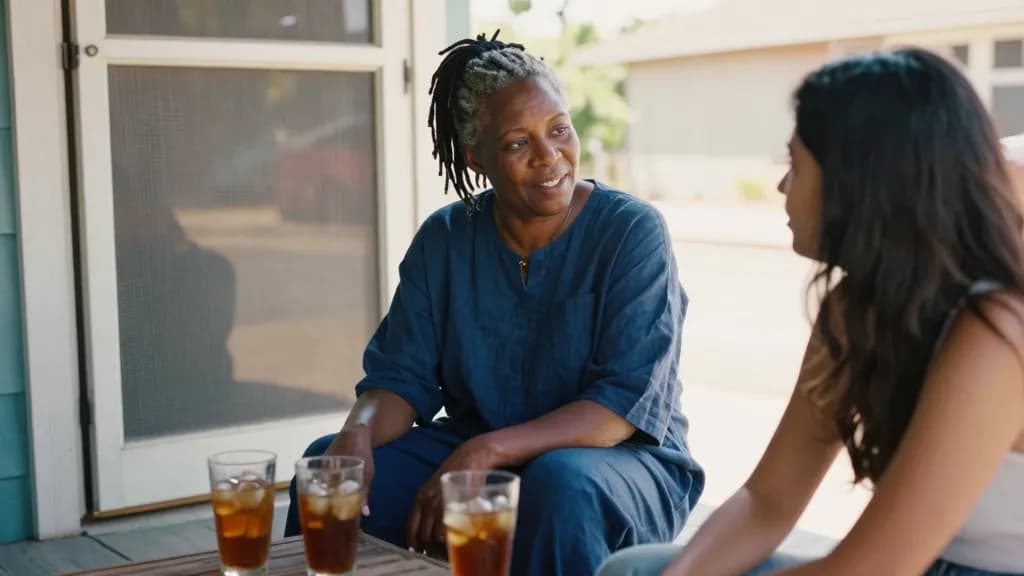 A Black woman in her forties with silver-threaded locs tied back is sitting on a porch step beside a young woman in her twenties, two glasses of iced tea on…