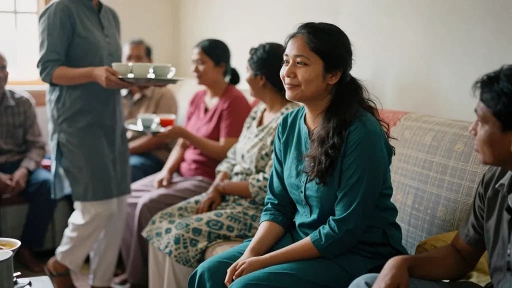 An East Asian woman in her early thirties with long dark hair worn loose is sitting on a sofa in a busy front room where two families have met, relatives on…