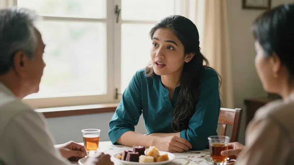 An East Asian woman in her early thirties with long dark hair worn loose is at a dining table with an older astrologer and two relatives, cups of tea and a p…