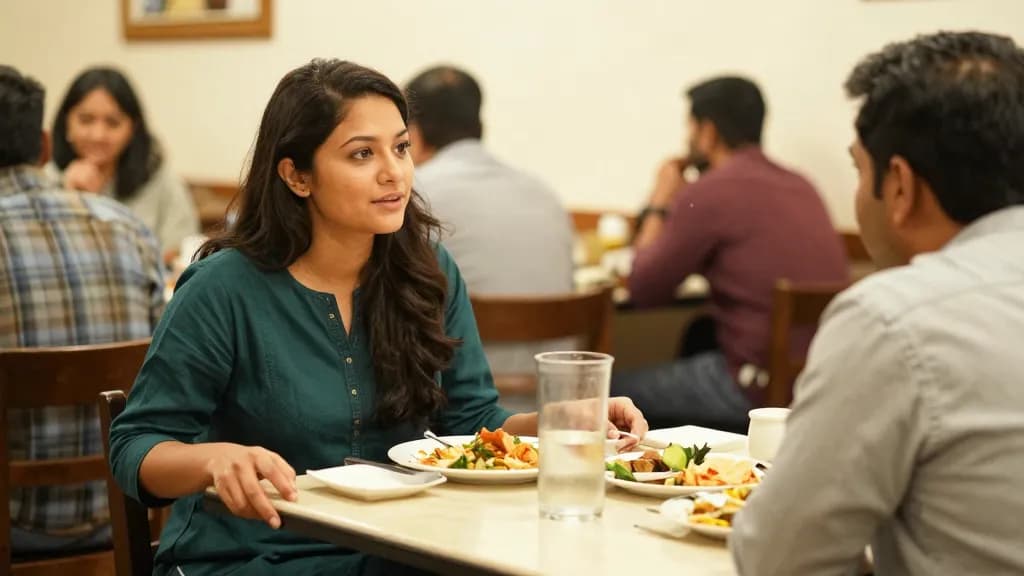 An East Asian woman in her early thirties with long dark hair worn loose is sitting opposite a man her own age at a small restaurant table, plates half finis…