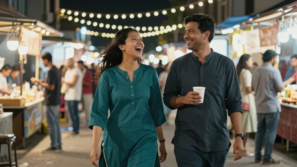 An East Asian woman in her early thirties with long dark hair worn loose is walking beside the same man along a night market street, stalls lit on both sides…