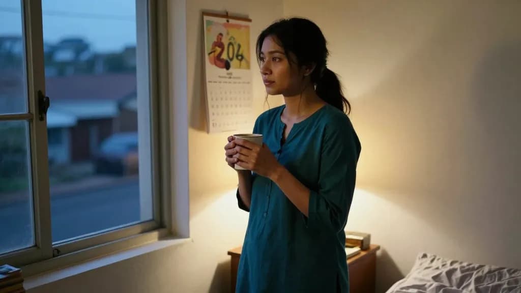 An East Asian woman in her early thirties with long dark hair worn loose is standing at a window in a quiet bedroom holding a mug, a wall calendar hanging be…