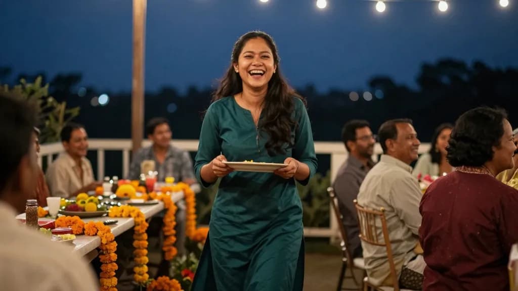 An East Asian woman in her early thirties with long dark hair worn loose is at a small outdoor wedding celebration under strung lights, a long table of guest…