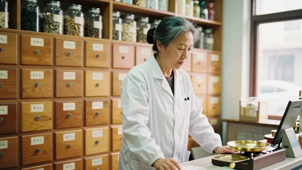 An East Asian woman in her fifties with grey-streaked hair in a bun is standing behind the counter of a small herbal dispensary, banks of labelled-free woode…