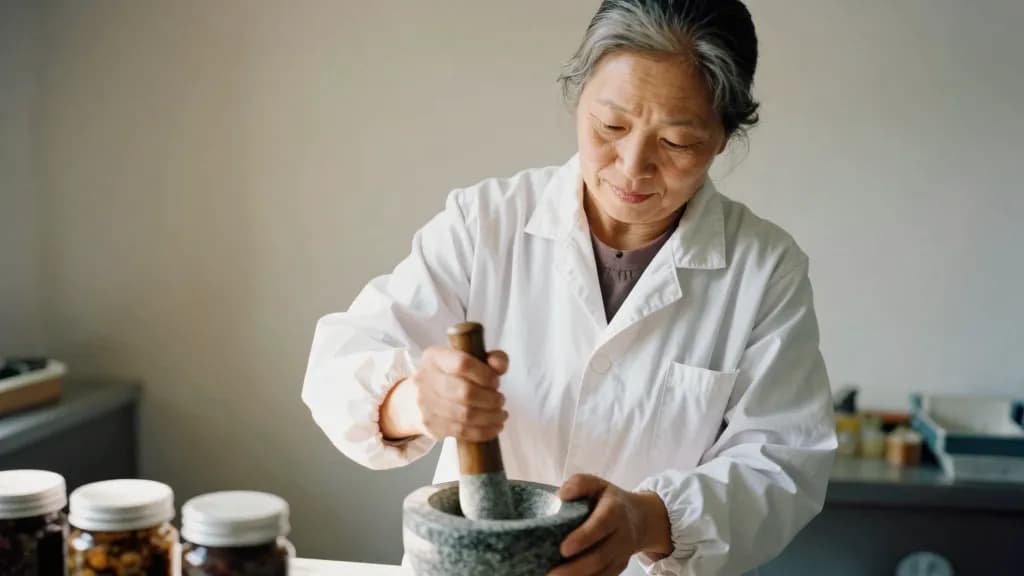 An East Asian woman in her fifties with grey-streaked hair in a bun is grinding something in a large pestle and mortar on the counter, a steady rhythm to the…