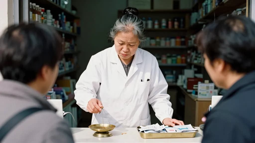 An East Asian woman in her fifties with grey-streaked hair in a bun is weighing a small quantity on the brass scales at the counter, a tray of tiny paper pac…