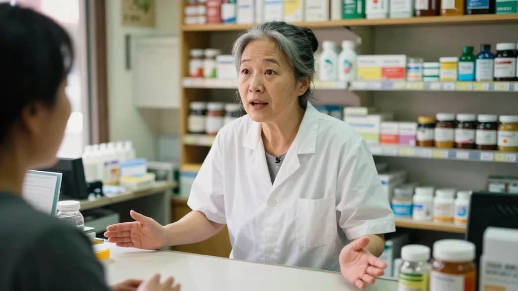 An East Asian woman in her fifties with grey-streaked hair in a bun is talking across the counter to a customer with both hands open and empty on the counter…