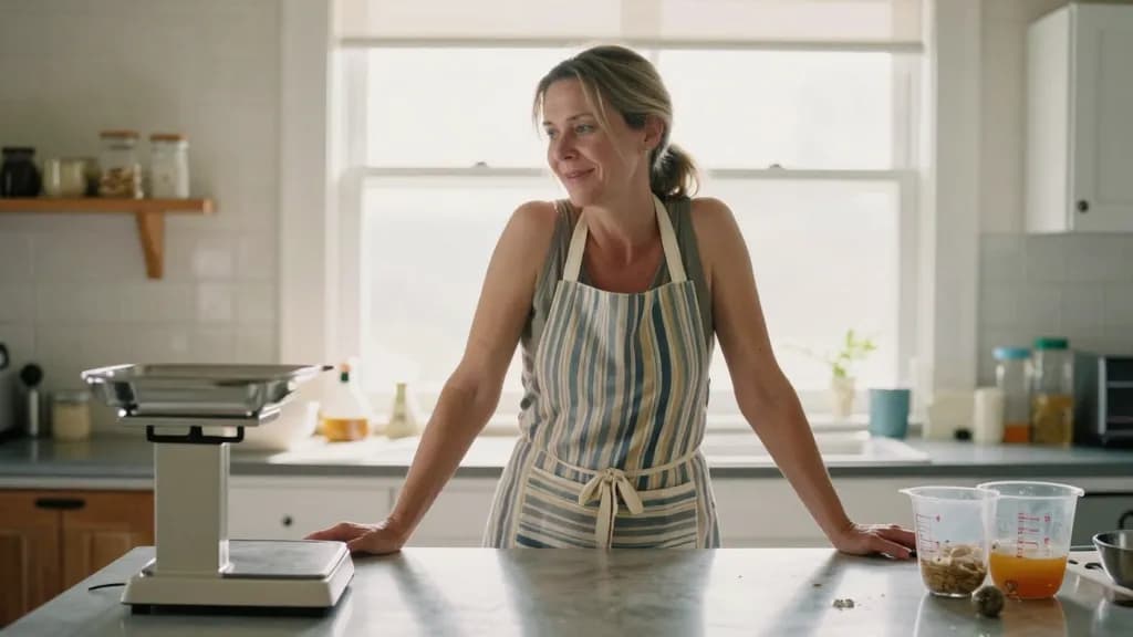 A white woman in her forties with sandy hair tied back is standing in a home kitchen with a set of metal scales on one side of the counter and a nest of meas…