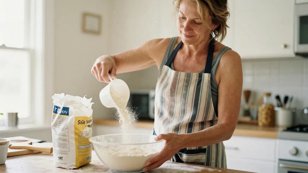 A white woman in her forties with sandy hair tied back is scooping flour with a measuring cup straight from the bag, the bowl already half full and the count…