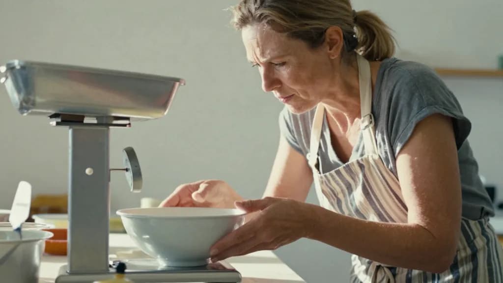 A white woman in her forties with sandy hair tied back is weighing an ingredient on the metal scales with both hands steadying the bowl on the plate, watchin…