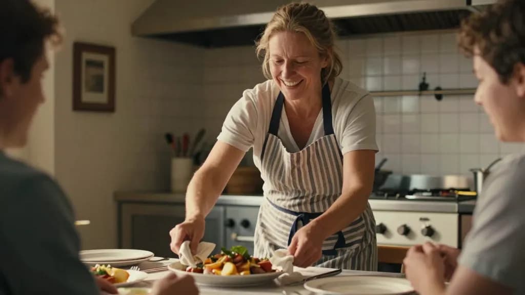 A white woman in her forties with sandy hair tied back is setting a finished dish down on a table where two other people are already seated, the kitchen visi…