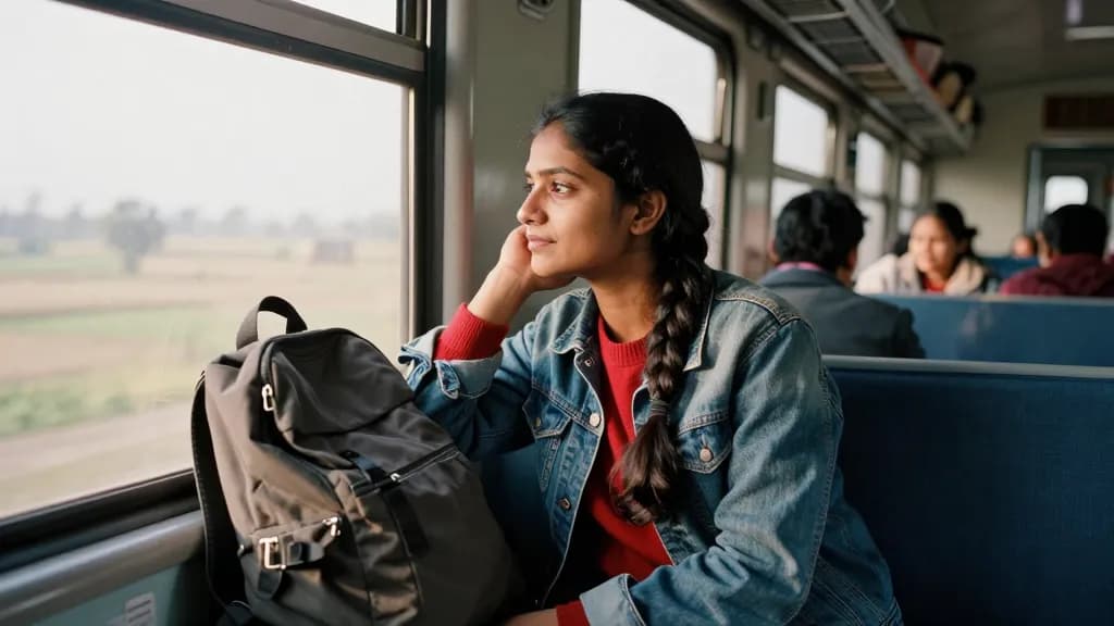 A South Asian woman in her mid twenties with a long dark plait is sitting by the window of a long-distance train with a rucksack on the seat opposite, flat c…