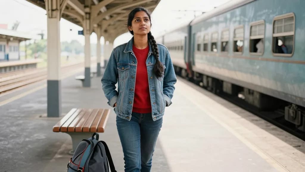 A South Asian woman in her mid twenties with a long dark plait is standing on a station platform between trains with the rucksack at her feet, a long empty p…