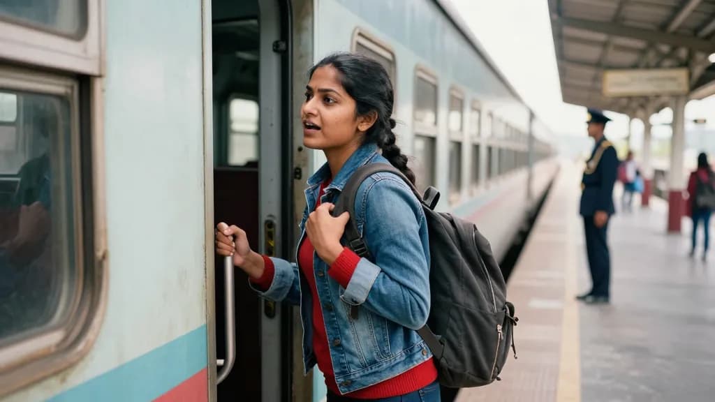 A South Asian woman in her mid twenties with a long dark plait is climbing up into a carriage doorway with the rucksack on one shoulder, the train already oc…