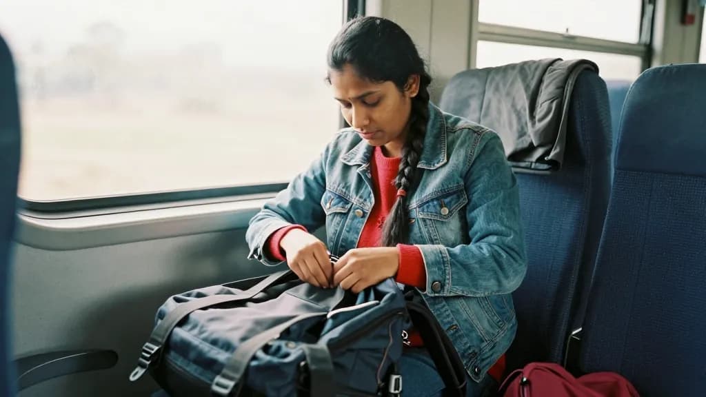 A South Asian woman in her mid twenties with a long dark plait is repacking the rucksack on an empty carriage seat, contents spread beside her and a folded j…