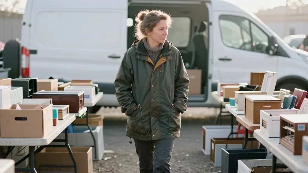 A white woman in her forties with hair in a messy bun is walking between rows of trestle tables at an early morning flea market, boxes of mixed household goo…