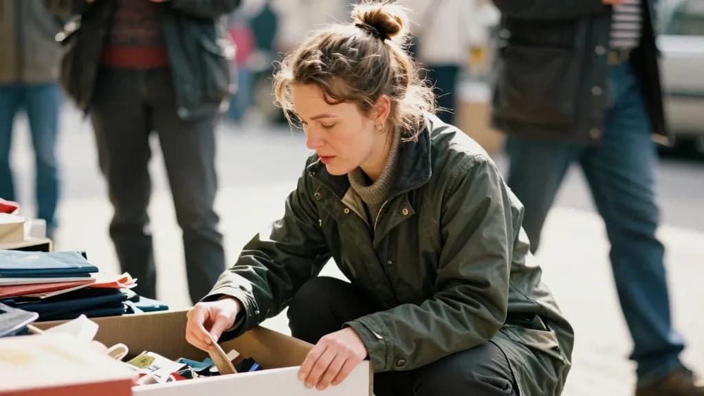 A white woman in her forties with hair in a messy bun is crouched at a box of jumbled items at the end of a stall having found something in it, other buyers…
