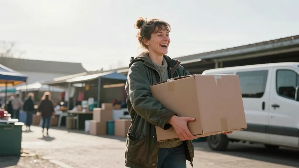 A white woman in her forties with hair in a messy bun is carrying a full cardboard box back toward her van across the market ground, stalls packing up behind…