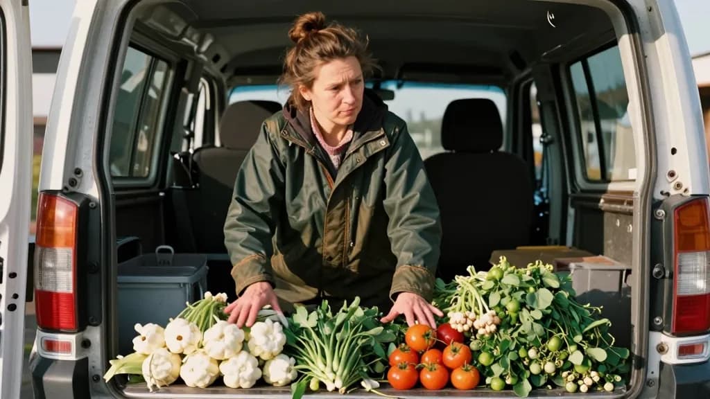A white woman in her forties with hair in a messy bun is standing at the open back of her van sorting the morning's finds into two piles on the tailgate, the…