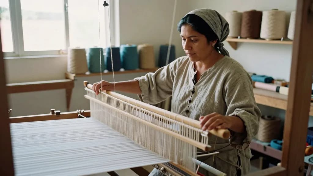 A Latina woman in her mid thirties with dark hair in a headscarf is standing at a large floor loom in a weaving studio, warp threads running away in tight pa…