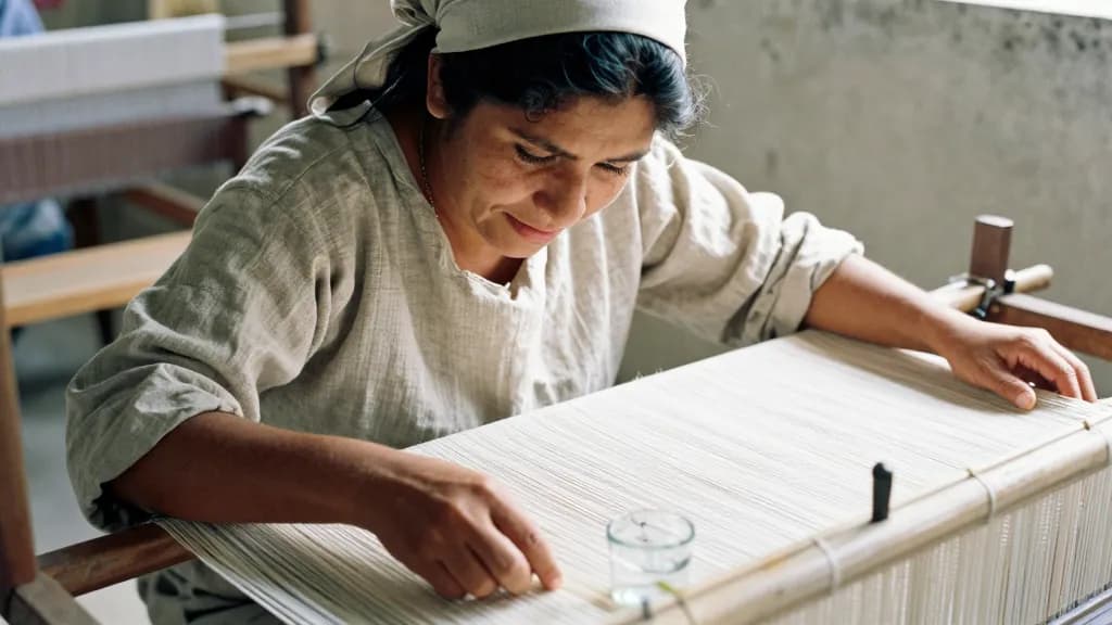 A Latina woman in her mid thirties with dark hair in a headscarf is leaning close over the woven cloth on the loom examining the thread count, a small measur…